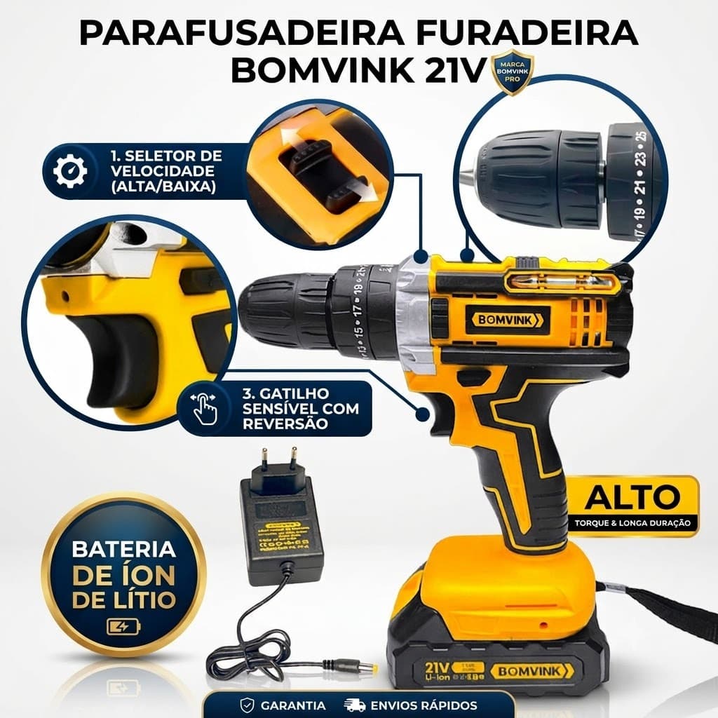 Parafusadeira Furadeira a Bateria 21V Profissional Sem Fio + Bivolt + Bateria Lítio