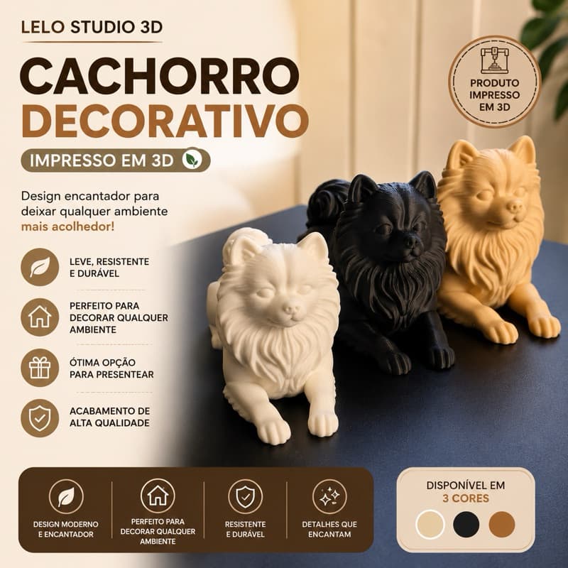 Escultura Spitz Alemão Deitado Decorativa 3D | Lulu da Pomerânia | Estátua Pet Moderna em PLA