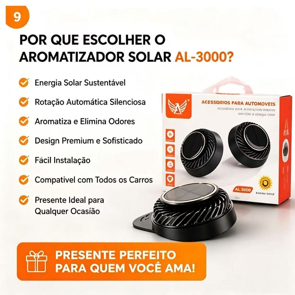 Aromatizador Solar Giratório para Carro AL-3000 | Decoração Premium com Rotação Automática | Perfuma e Elimina Odores