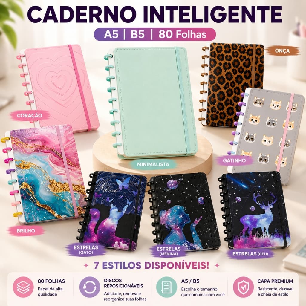 Caderno Inteligente A5/B5 | 7 Estilos | Capa Premium | Discos Reposicionáveis