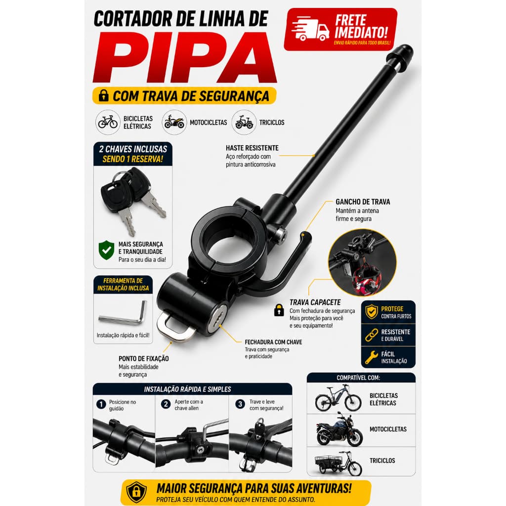Cortador de Linha de Pipa Universal para Moto com Trava Capacete Fechadura + 2 Chaves Antena Corta Pipa