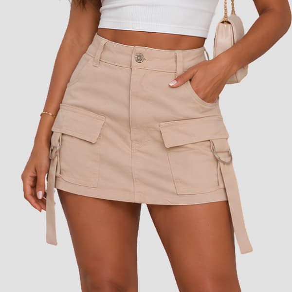 Saia Cargo Feminina Jeans Cintura Alta Com Bolsos Laterais Tendência Gringa