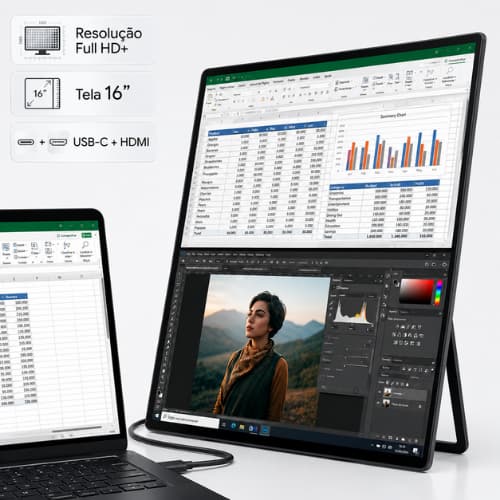 Monitor Portátil Duplo 16" Full HD para Notebook USB-C HDMI 60Hz Extensor de Tela Trabalho e Estudo