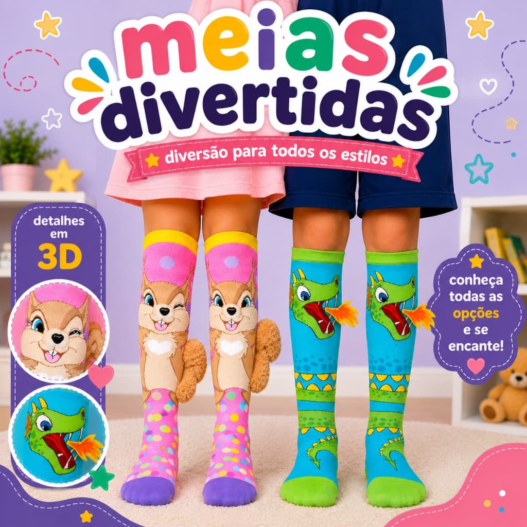 Meia Infantil 3D Divertida Desenhos Animados