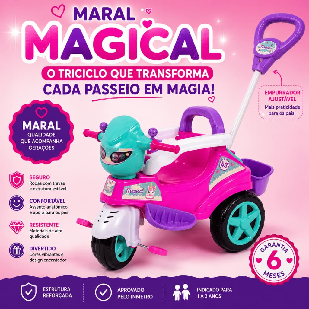 Triciclo Rosa Infantil Confortavel Empurrador Ajustavel Rodas Seguras Passeio Menina