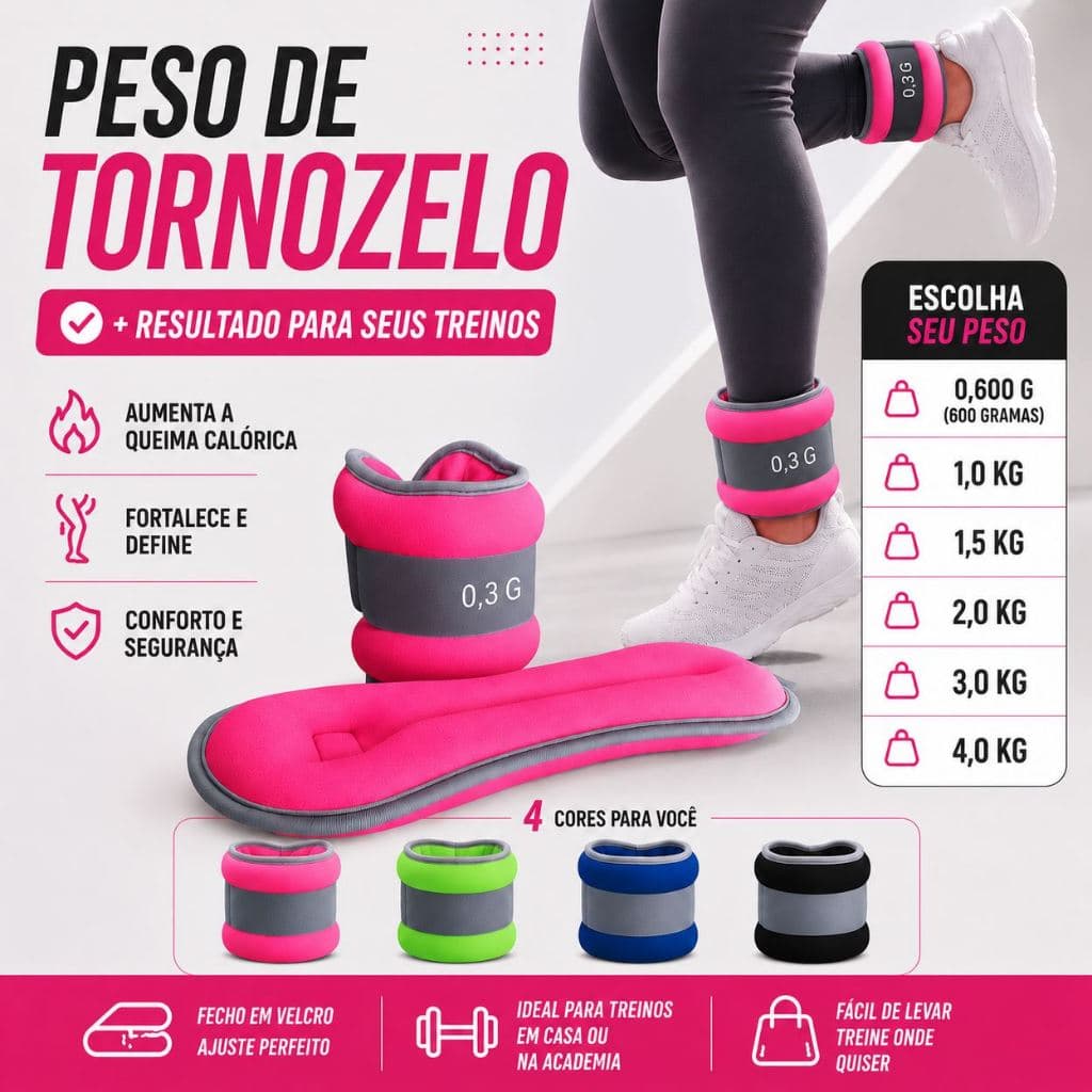 Par De Tornozeleira Peso para Treino Academia Musculação Caneleira Ajustável com Velcro - Escolha a cor e o peso