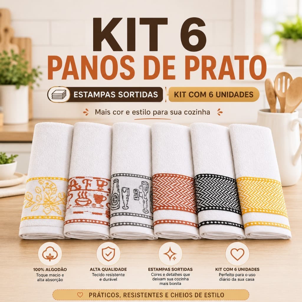 Pano De Prato Atoalhado 40x60 Kit Com 6 Peças Panos De Cozinha