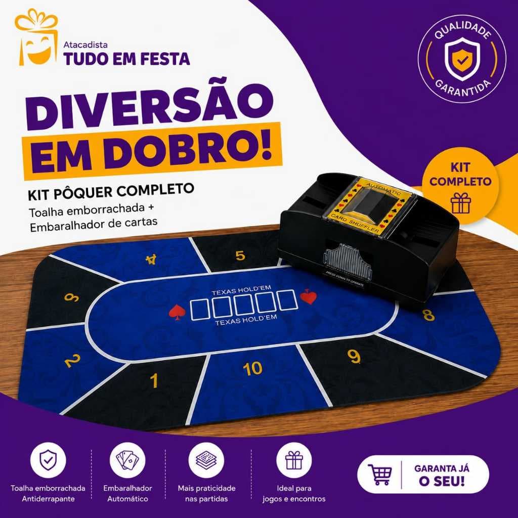 Kit Embaralhador Automático +Toalha Poker Azul Emborrachada