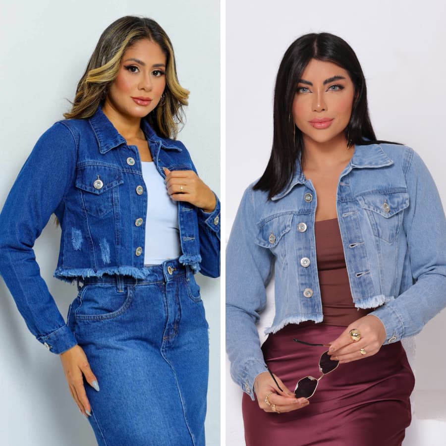Jaqueta Jeans Cropped de Franja com Bolso