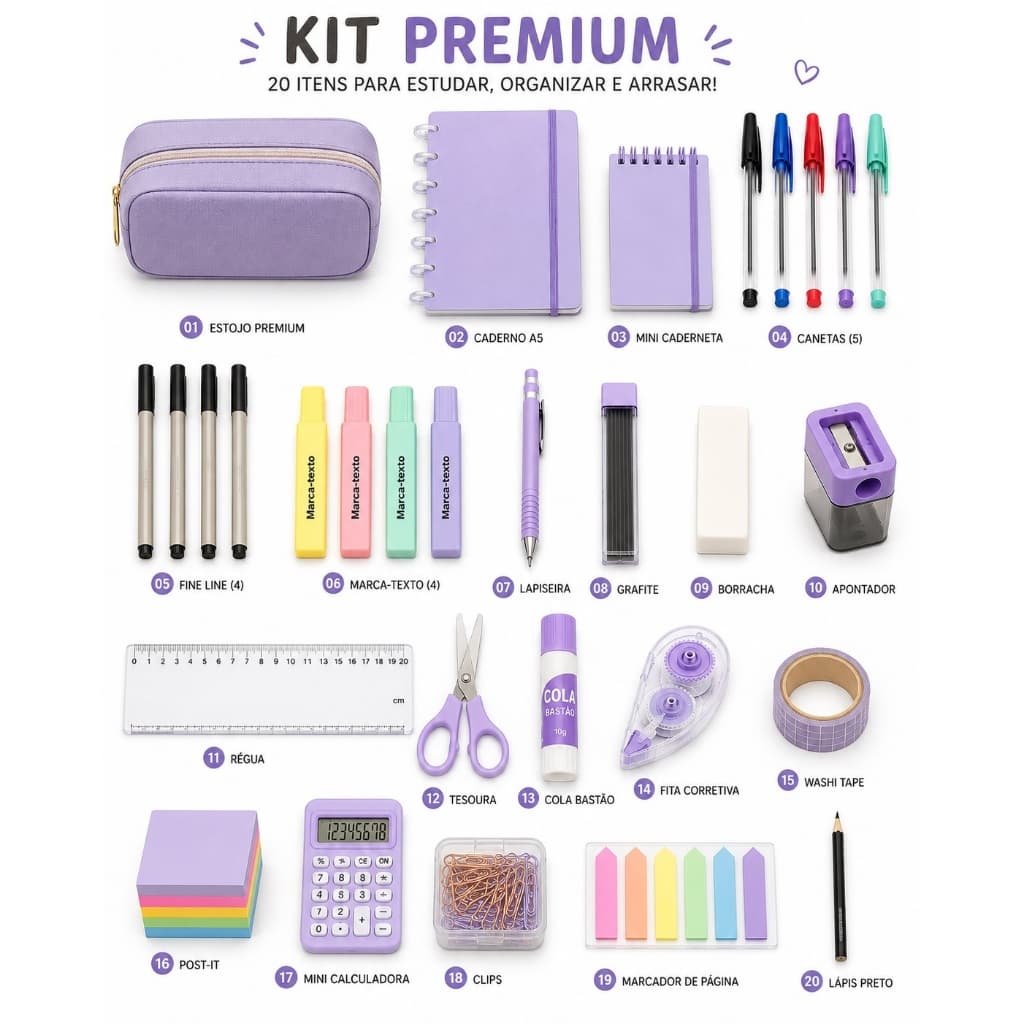Kit Premium Completo com Estojo e Caderno A5 | 29 Itens para Escola, Faculdade e Escritório