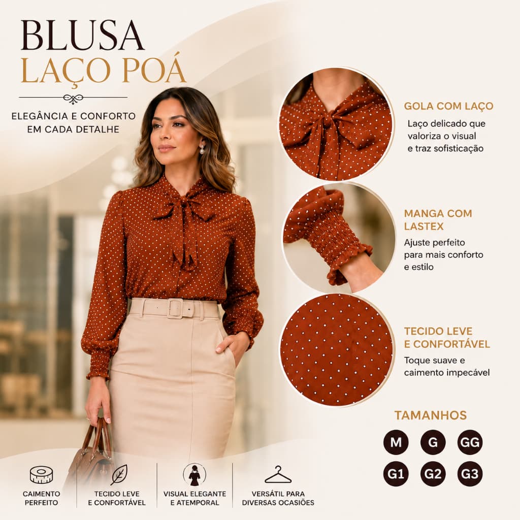 Blusa Feminina Laço Poá Social Elegante Crepe Manga Longa com Lastex Moda Evangélica M ao G3