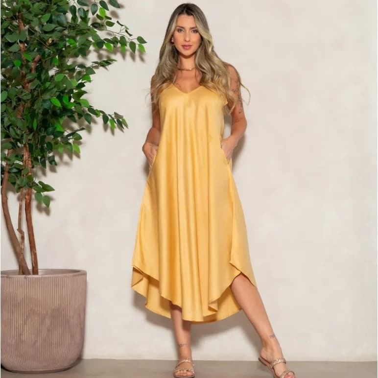 Vestido Midi Indiano Trapézio Estampa Lisa