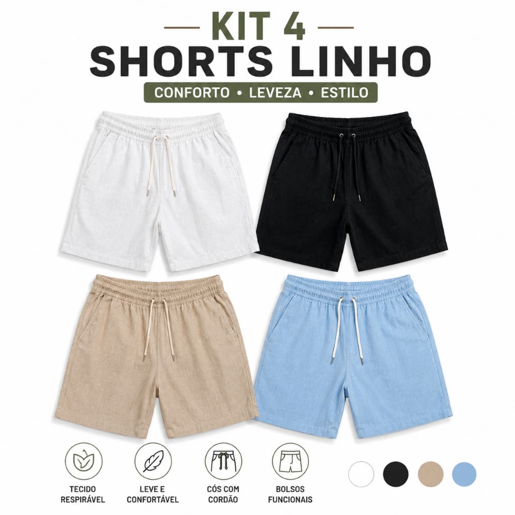 Kit 4 Shorts Linho Masculino Premium Casual Confortável Várias Cores