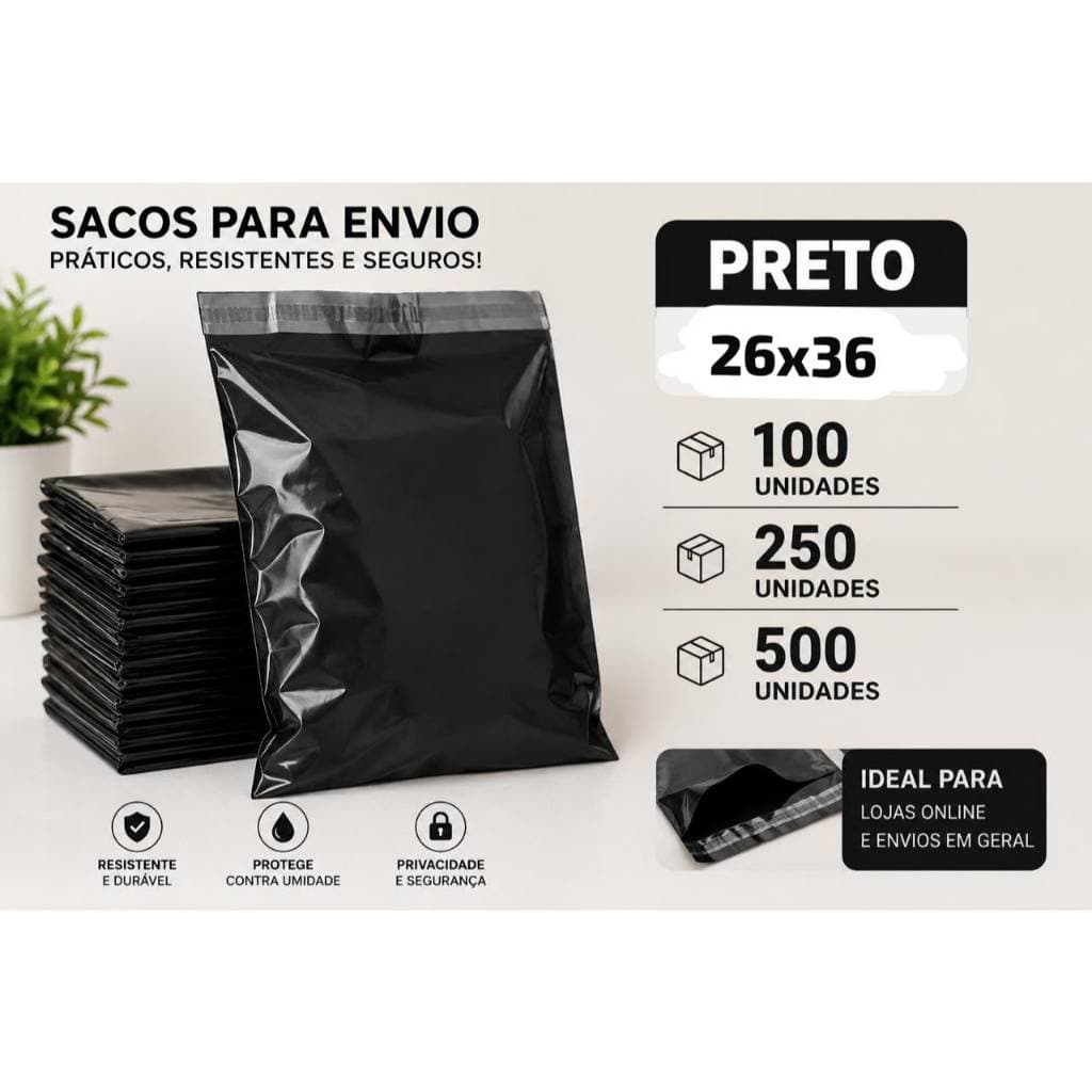 Saquinho de Envio Preto 26x36cm com Fita Adesiva Autocolante