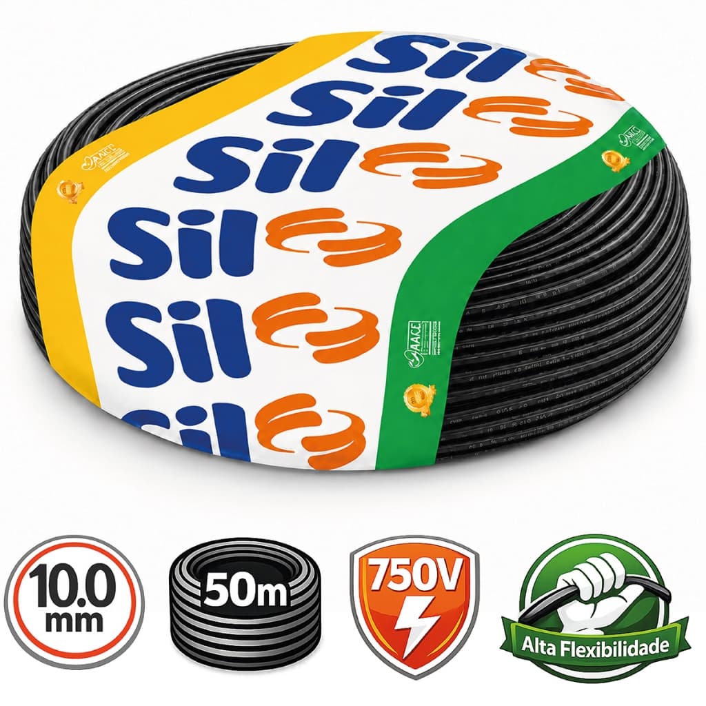 Fio Cabo Flexível 10mm 750V 50 Metros Preto Cobre Extraflexível PVC BWF Resistente à Chama FlexSil