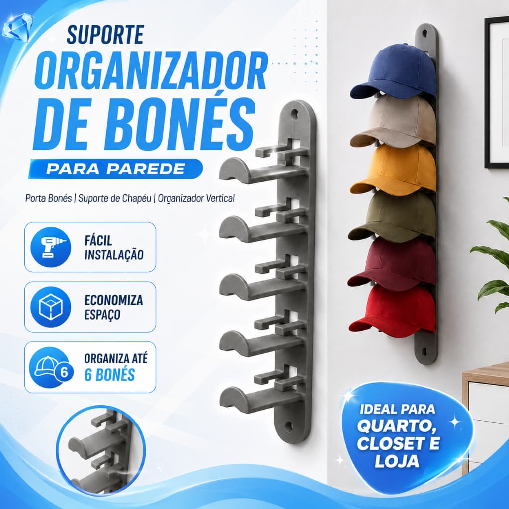 Organizador de Bonés para Parede I Modelos para 6 ou 12 Bonés