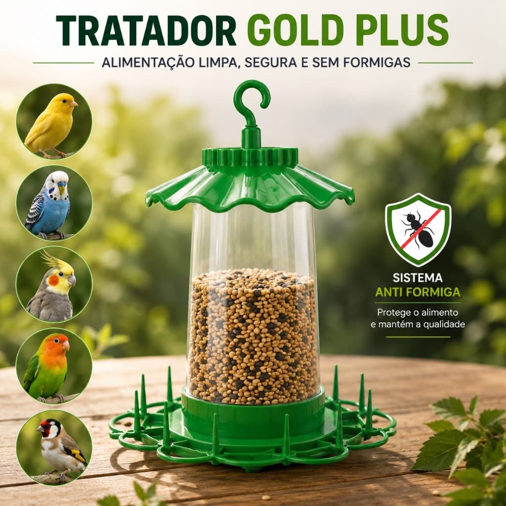 Tratador Para Pássaros Gold Plus Verde 540ml Comedouro Anti Formiga Para Gaiolas Viveiros e Aves