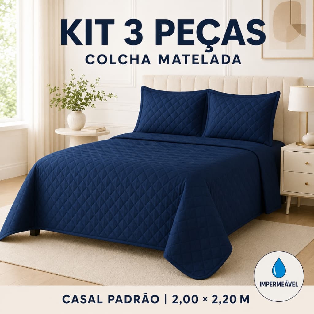 Kit Cobre-Leito Impermeável Casal Padrão 3 Peças Colcha Matelada para Cama Box + 2 Porta-Travesseiros