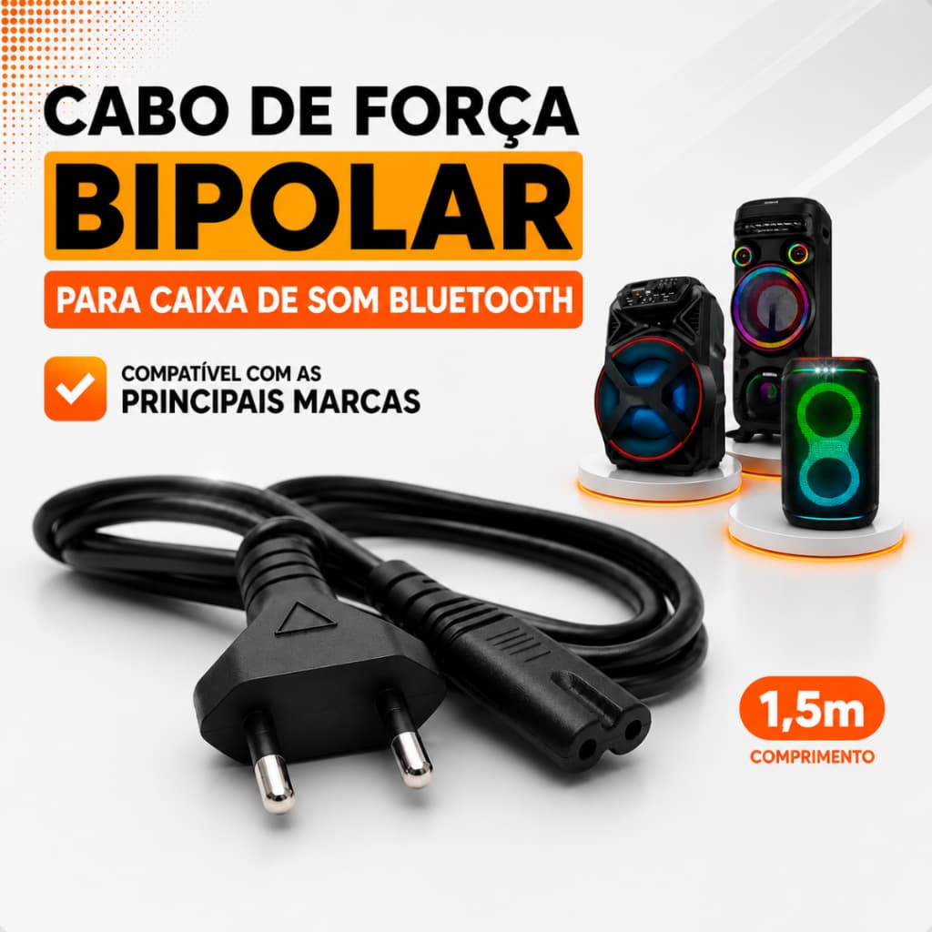 Cabo de Energia Bipolar Compatível com Caixa de Som Bluetooth 1,5 metro Segurança e Durabilidade