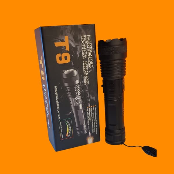 Lanterna Tática Militar T9 LED Potente Recarregável + Suporte Pilha Zoom Ajustável