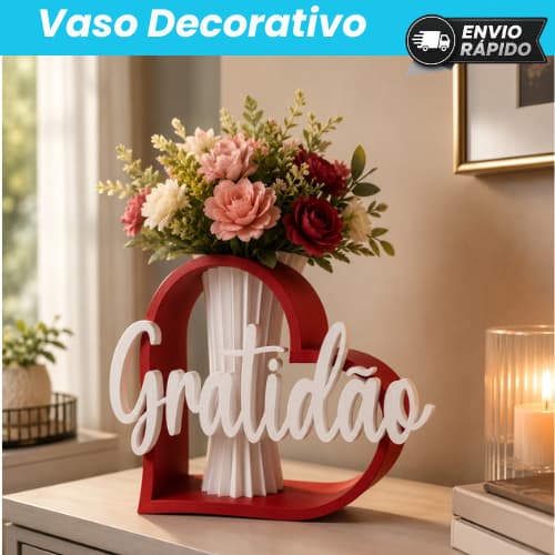 Vaso Decorativo Gratidão Coração | Decoração para Sala | Escritório | Presente Criativo | Porta Flores | em PLA 14cm