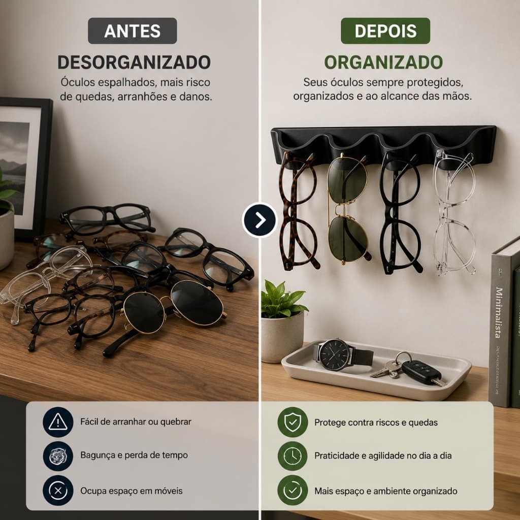 Porta ÓCULOS Sol e Grau Suporte de Parede e Roupeiro 4 divisórias e 20CM Organizador Moderno Fita Extra Forte Dupla Face