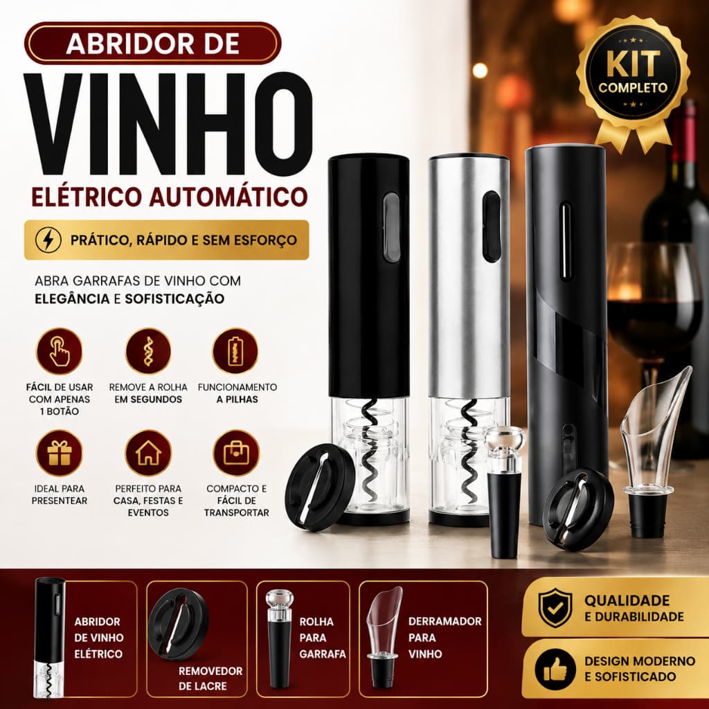 Abridor de Vinho Elétrico Saca Rolhas Automático a Pilhas Kit com Cortador de Lacre Rolha e Derramador