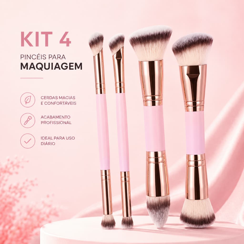 Kit 4 Pincéis para Maquiagem Profissional Rosto e Olhos Cerdas Macias