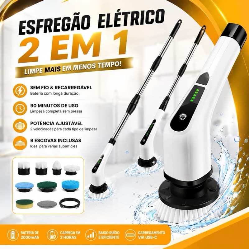 Esfregão Elétrico Recarregável 9 em 1 com Cabo Ajustável para Limpeza Doméstica