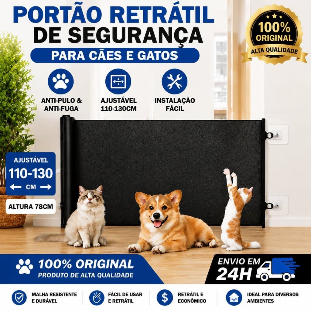 Portão Retrátil de Segurança para Bebê e Pet 78x110/130cm Tela Proteção Gato Cachorro Sem Furo Adesivo Escada Porta Casa