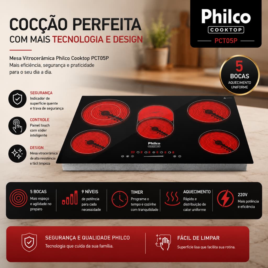 Cooktop Elétrico Philco Volcano 5 Bocas PCT55VC Vitrocerâmico 8400W 220V