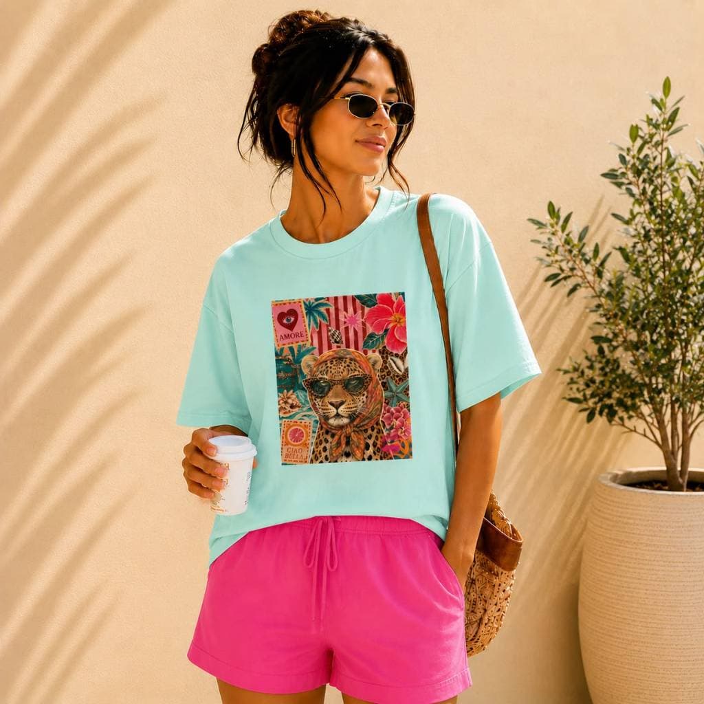 Camiseta Feminina Estampada Onça Tropical 100% Algodão Premium T-Shirt Casual Confortável Moda Feminina