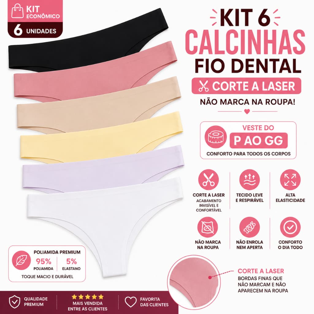 Kit1/3/6 Calcinha Fio Dental Corte a Laser Sem Costura Poliamida Alta Elasticidade Não Marca P ao GG