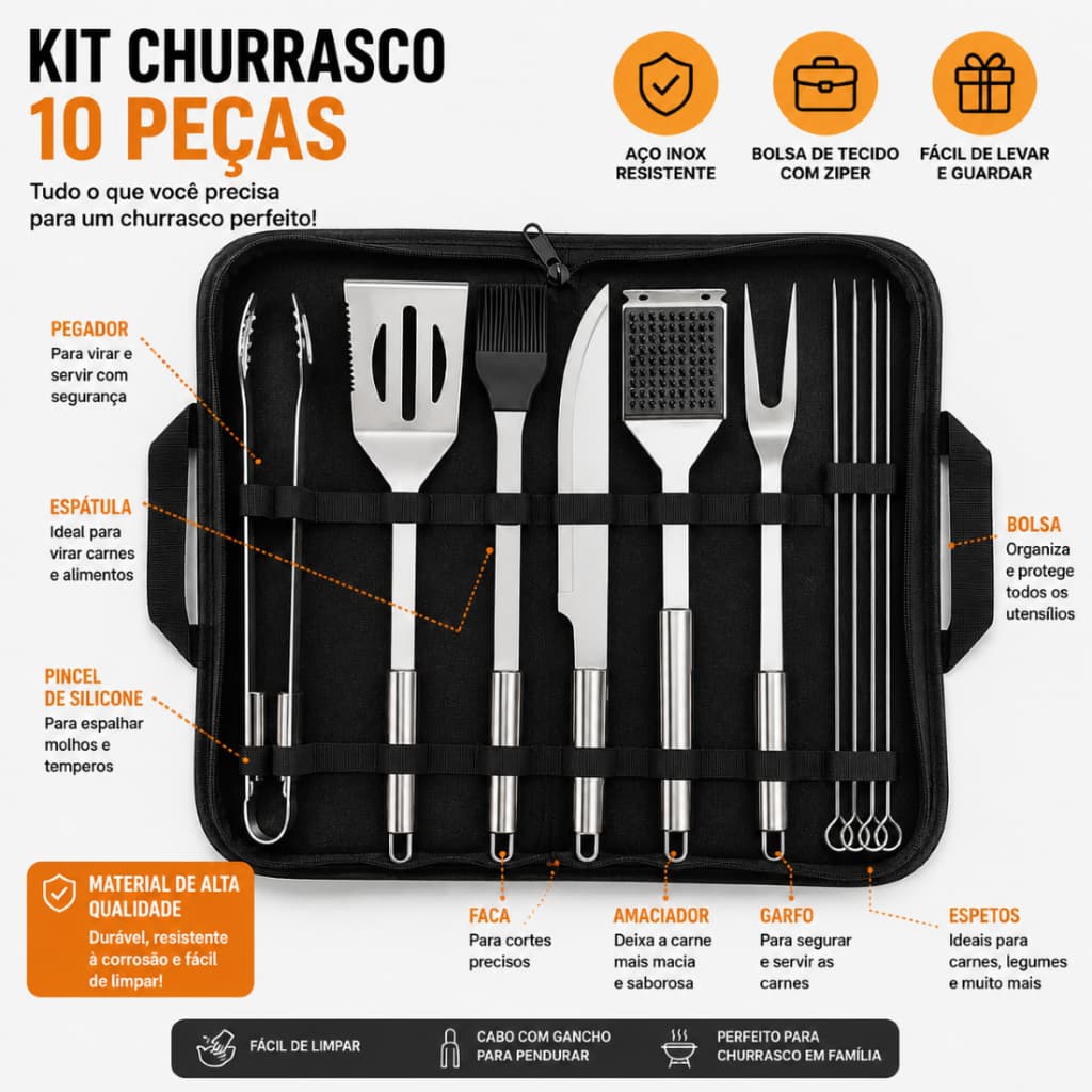KIT 3/5/10 Para Churrasco Profissional Inox Chef Utensílios Luxo