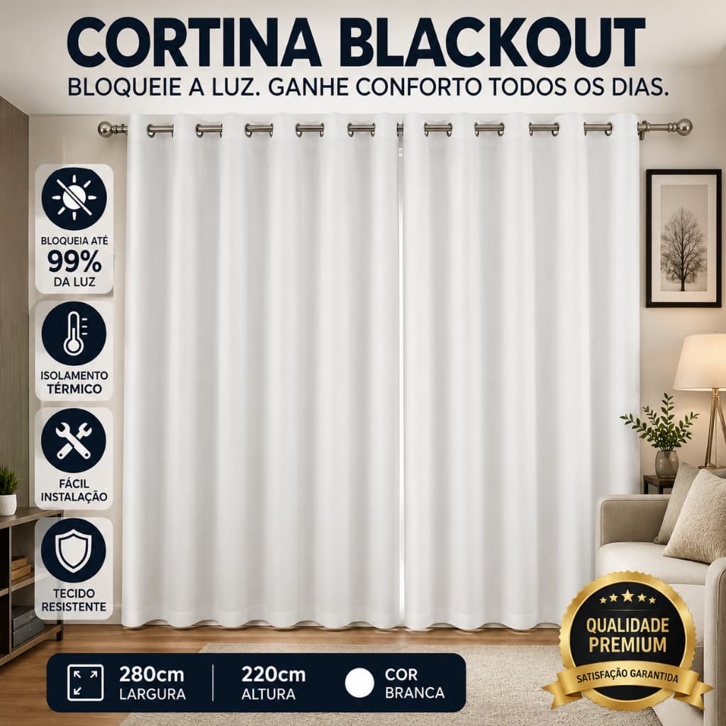 Cortina Blackout Com Ilhós Bloqueio De Luz Total Isolamento Térmico Quarto Sala 280x220 Branca