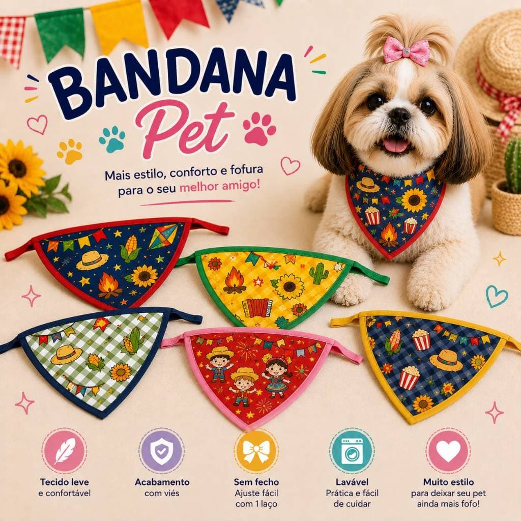 Kit Bandana Junina Para Pet Shop Banho e Tosa Premium, bandana festa Junino para cachorro gato alta qualidade