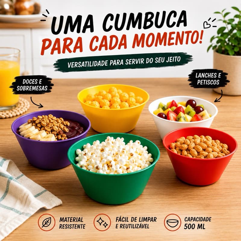 Tigela Plástica 500ml Colorida Kits com 05 10 15 ou 20 und Perfeita Para Servir Açaí Sorvete Frutas e Caldos