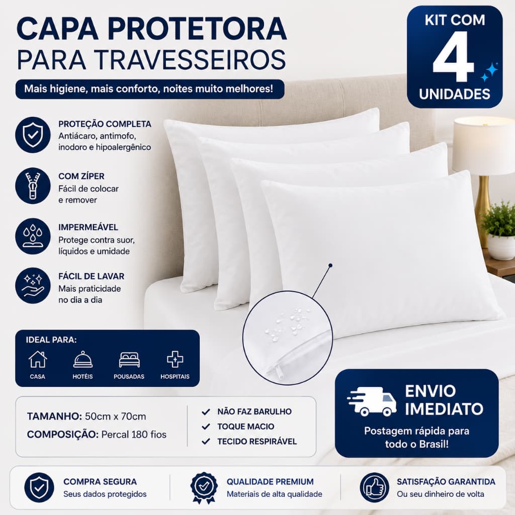 Kit 1/2/4 Capa Protetor De Travesseiro Impermeável Repelente, Com Zíper 50cm x 70cm