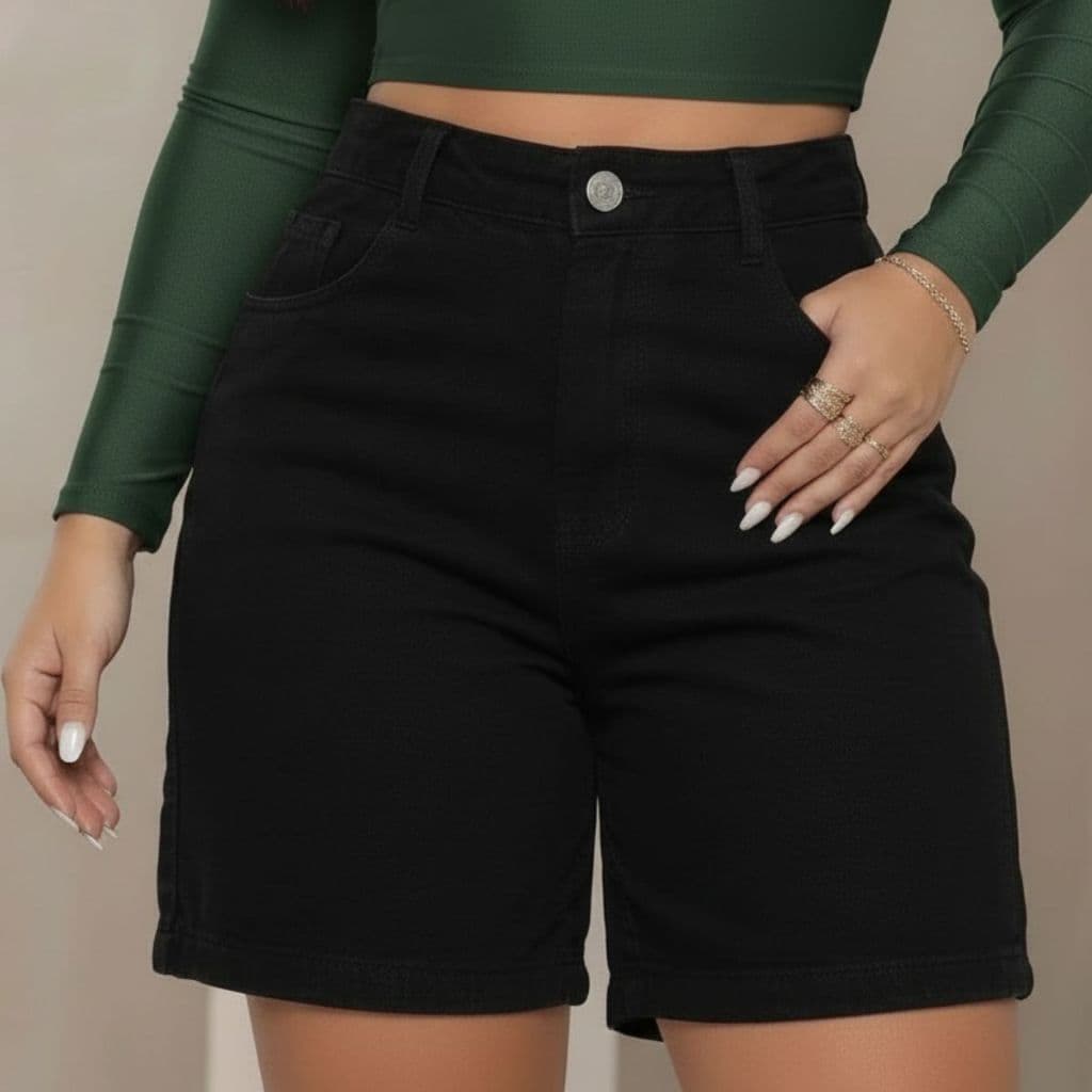 Short Jeans Preto Feminino Cintura Alta Tendência Conforto Estilo Premium