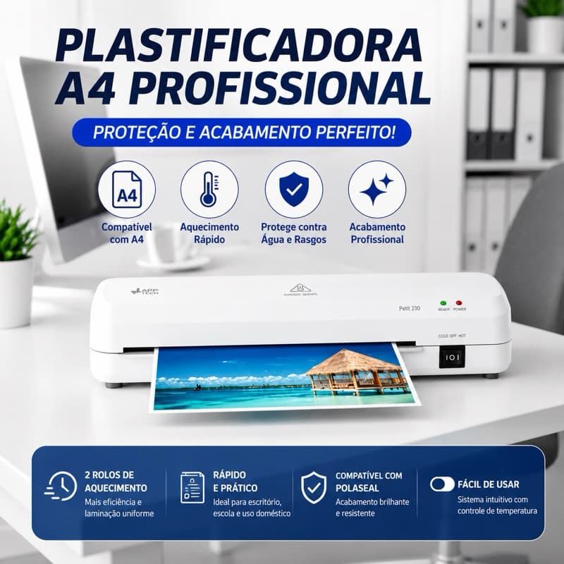 Plastificadora Compacta A4 APP-TECH – Rápida, Silenciosa e Ideal p/ Documentos