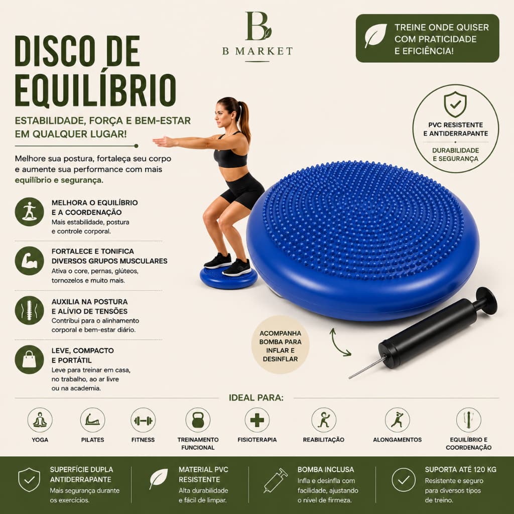 Almofada Disco Equilíbrio 33cm Inflável 200kg Exercícios Fitness Roller Liberação Miofascial Soltura