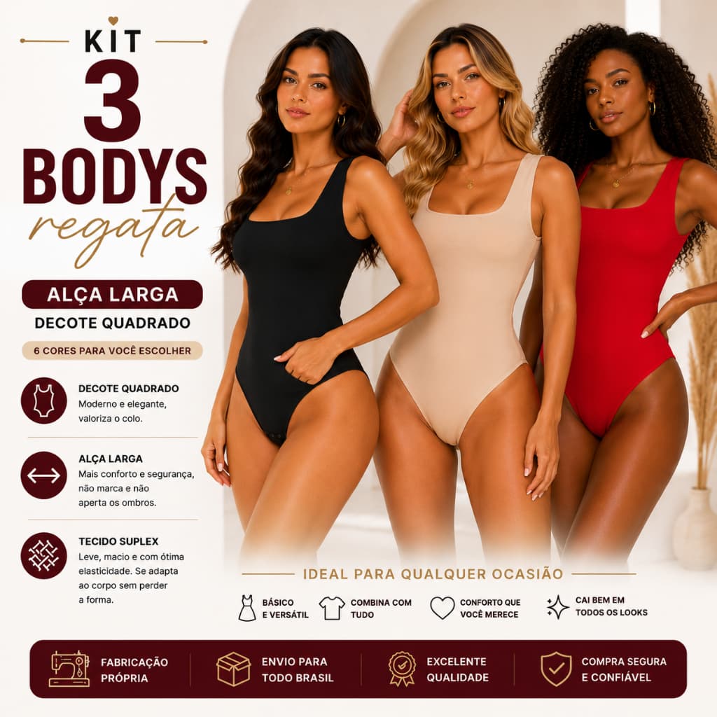 Kit 3 Body Feminino Regata Alça Larga Decote Quadrado Suplex Confortável Moda Feminina