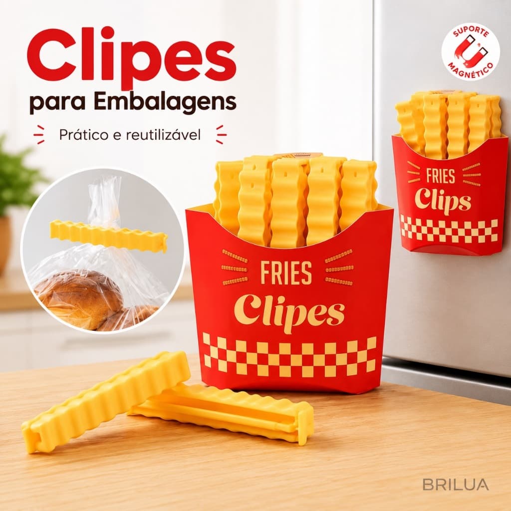 Kit 12 Clipes Vedadores para Embalagens com Suporte Magnético – Formato Batata Frita