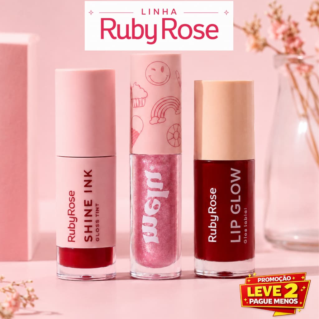Ruby Rose Shine Ink + Melu Gloss + Lip Glow 3 Produtos Brilho Intenso - LEVE 2 PAGUE MENOS