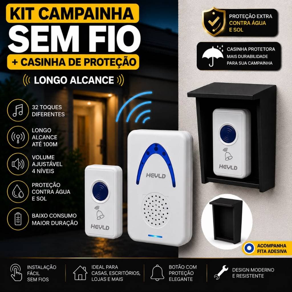 Kit Campainha Sem Fio com 32 Toques Bivolt + Protetor do Botão Anti Chuva e Água
