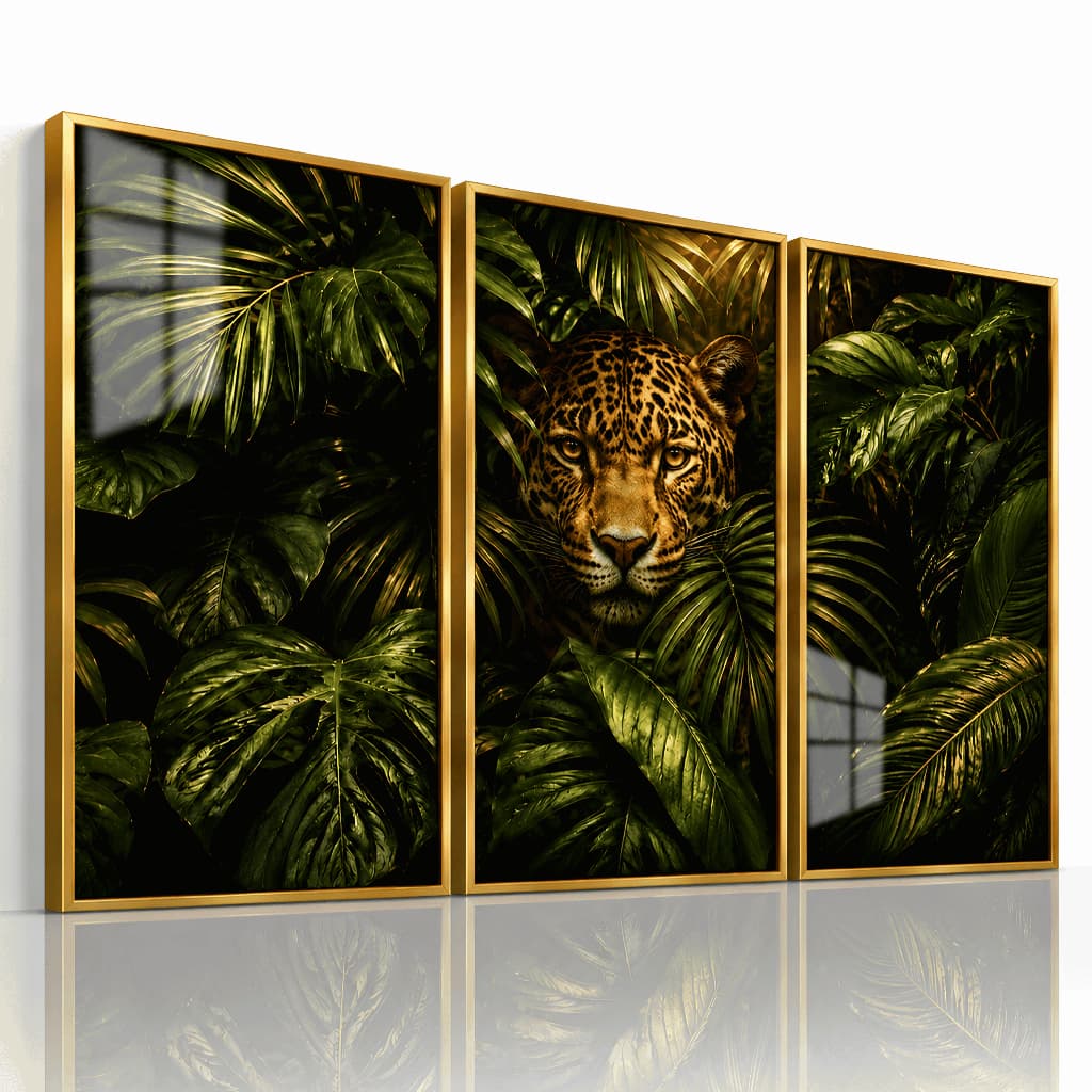 Kit Quadros Decorativos Onça na Selva Folhas Tropicais Estilo Botânico Luxo Premium Sala Moderno