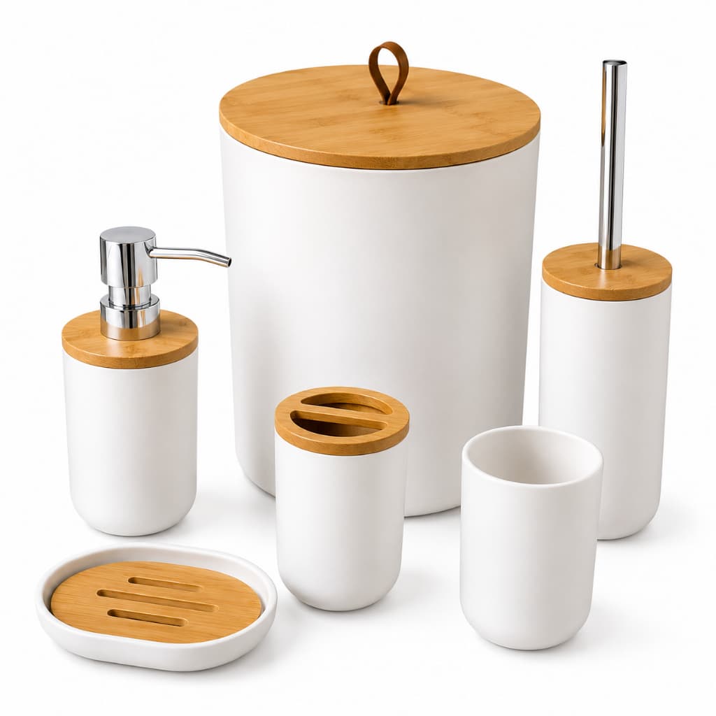 Kit Banheiro 6 Peças Bambu Luxo Completo Dispenser Porta Escova Copo Bandeja Lavabo Moderno