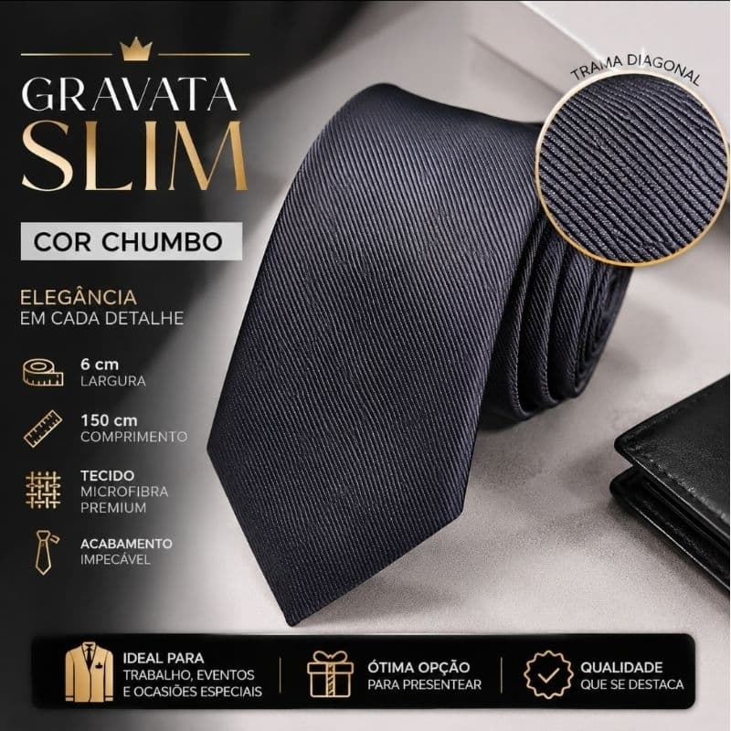 Gravata Slim Chumbo 6cm Premium Masculina Social Lisa 150cm Microfibra Trama Diagonal Elegante