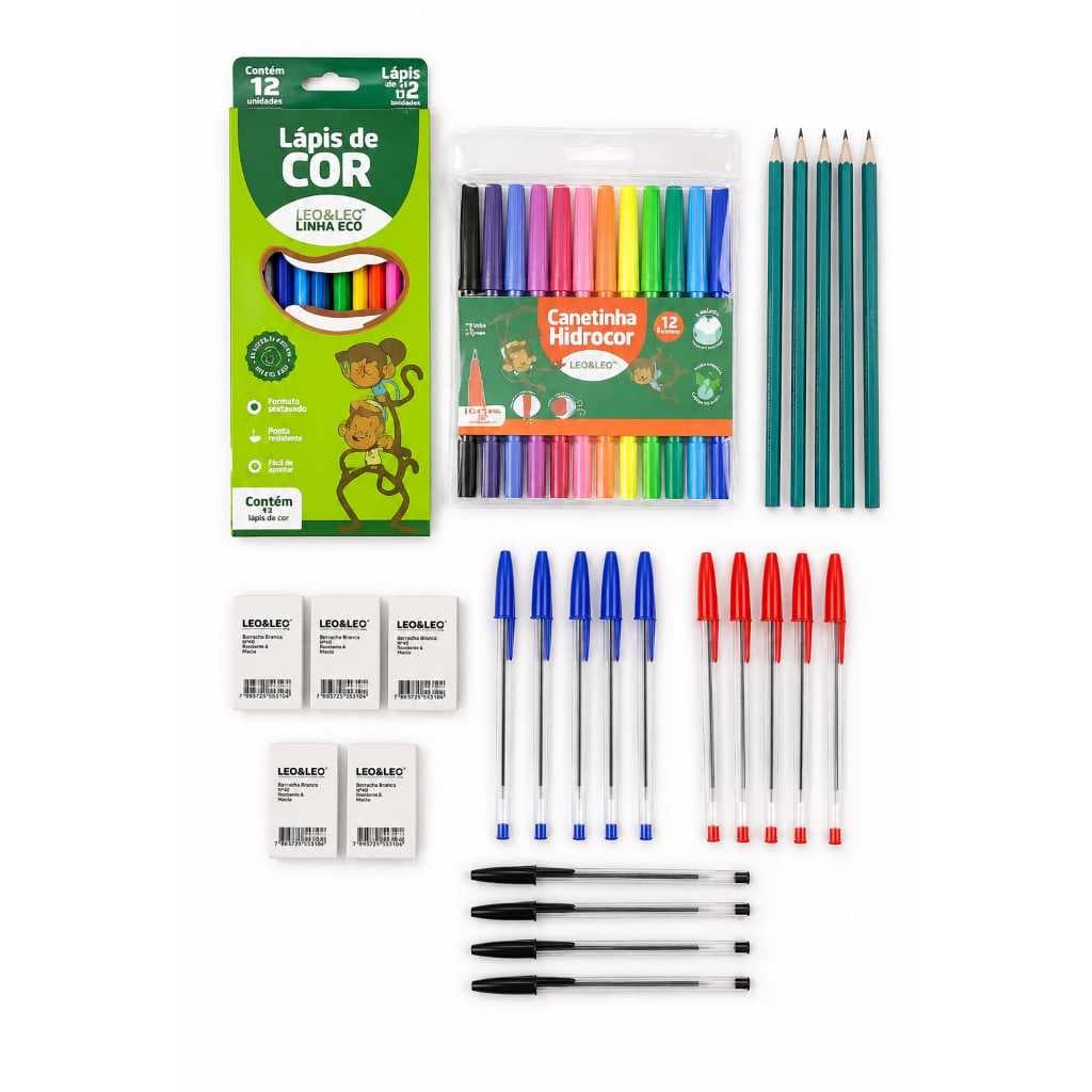 Kit Escolar Completo Léo&Léo 49 Itens Lápis de Cor Canetinhas Canetas Lápis HB Borrachas Branca40 Volta às Aulas