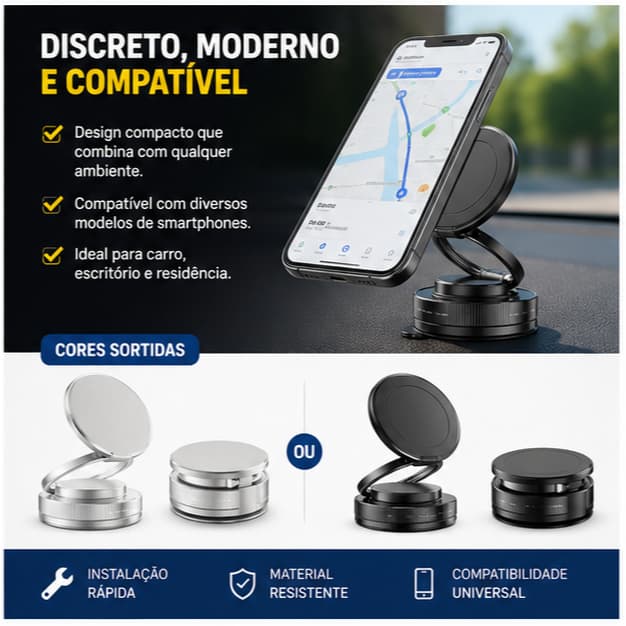 Suporte Celular Magnético Universal Articulado Rotação 360° Para Carro Painel Imã Forte Compacto